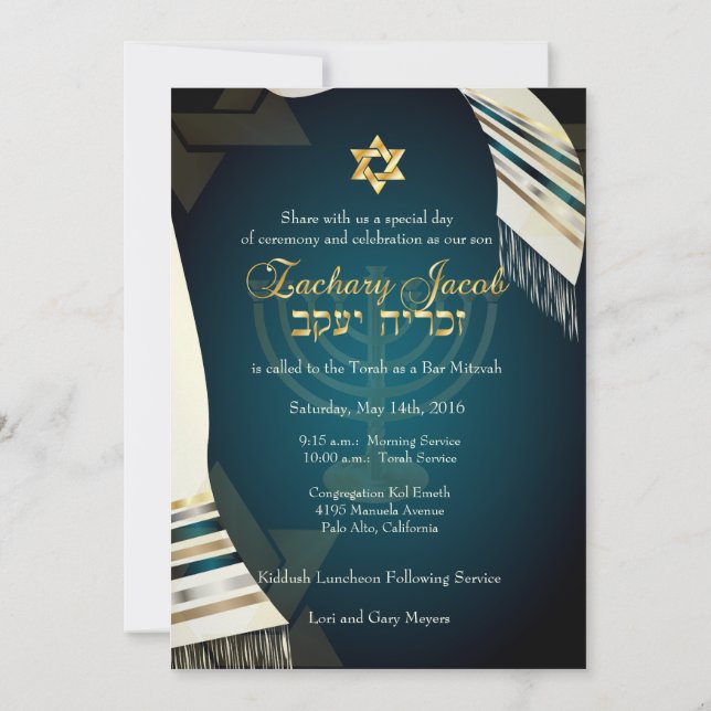 Invitation PixDezines Tallit Bar Mitzvah/Turquoise/Gold (Dos)