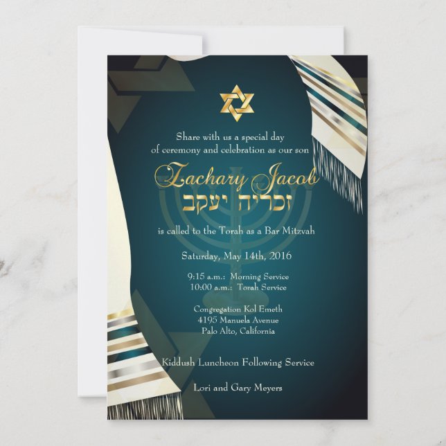 Invitation PixDezines Tallit Bar Mitzvah / Turquoise / Or (Dos)