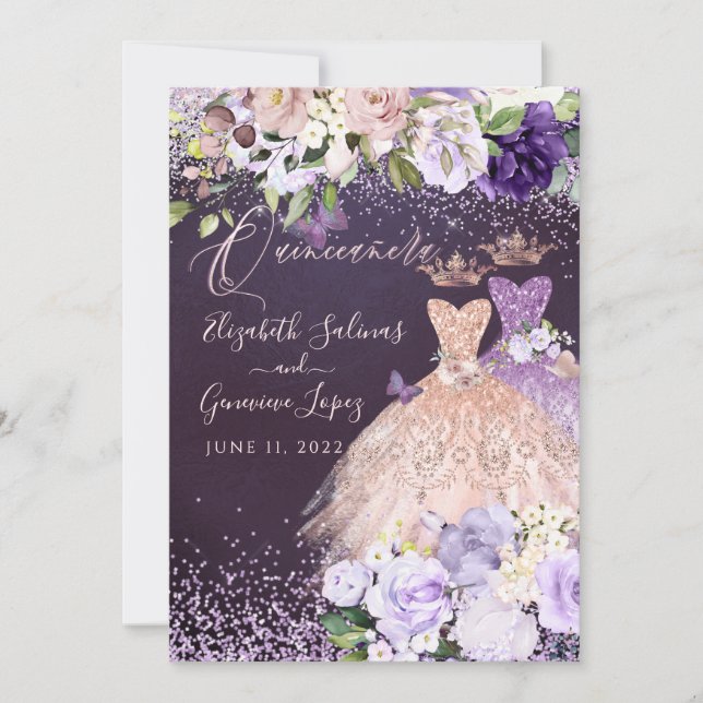 Invitation PixDezines Twins Quinceanera RoseOr Dusty violet (Devant)