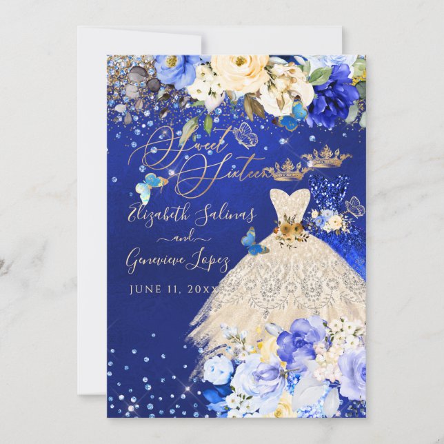 Invitation PixDezines Twins Sweet 16 Royal Blue Gold (Devant)