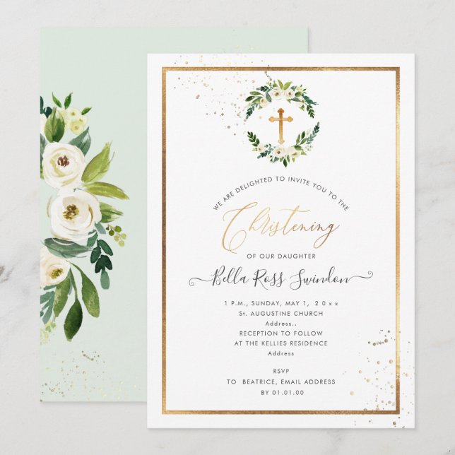 Invitation PixDezines Verdure Aquarelle Roses blanches Wreath (Devant / Derrière)