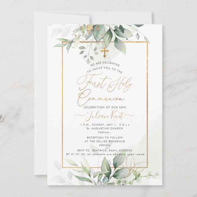 Invitation PixDezines Vert Or Eucalyptus 1èreCommunion (Devant)