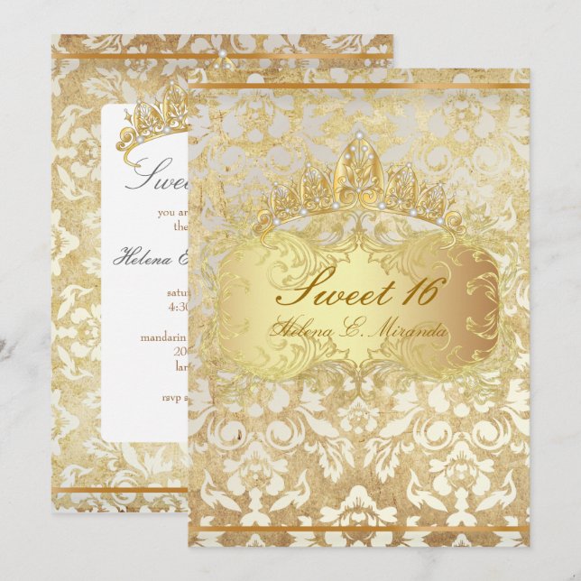 Invitation PixDezines vintage Sweet 16/ princesse/perle damas (Devant / Derrière)