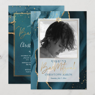 Invitation PixDezines Watecolor Agate, Bar Turquoise Mitzvah