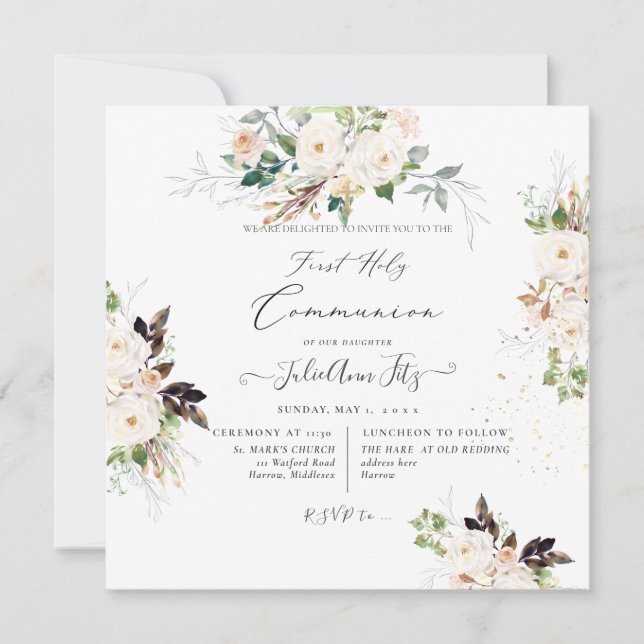 Invitation PixDezines Watercolor Blush+Cream Roses Communion  (Devant)