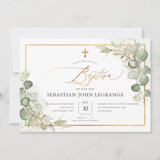 Invitation PixDezines Watercolor Gum Eucalyptus Baptism Invit (Devant)