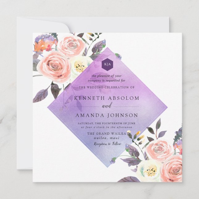 Invitation PixDezines Watercolor Pastel Roses+Lavender (Devant)