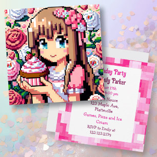 Invitation Pixel Art Girl's Pink Birthday Party