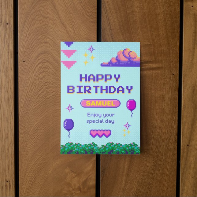 Invitation Pixel bleu violet rétro Anniversaire B Jour (happy birthday gamer nerd digital card)