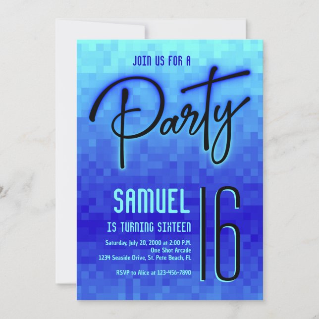 Invitation Pixel de Néon Bleu Ado Anniversaire (Devant)