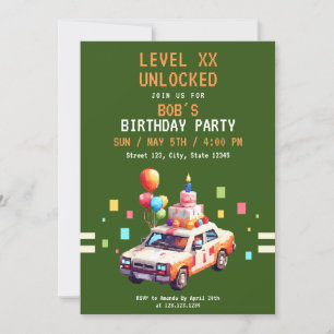 Invitation Pixel Green & Orange Jeu de Voiture Anniversaire