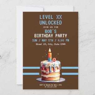Invitation Pixel Jeu de gâteau Brown et bleu Anniversaire