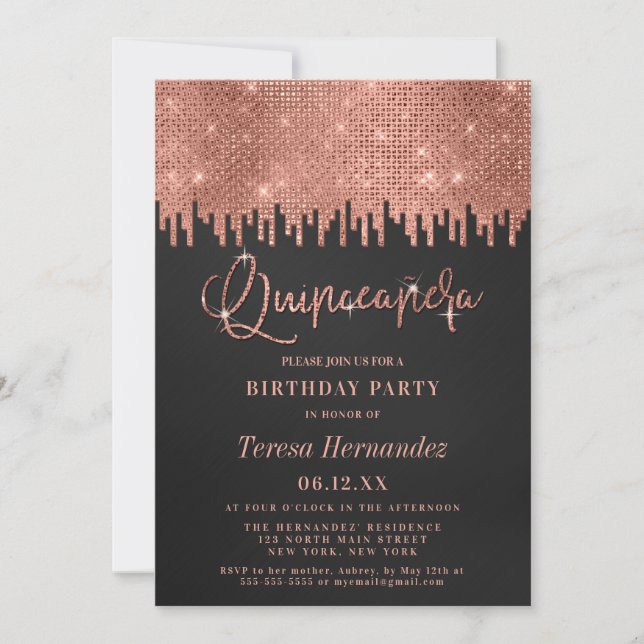Invitation Pixels de Parties scintillant noire Rose de luxe P (Devant)