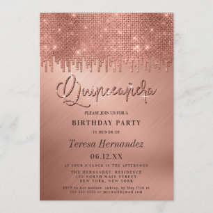 Invitation Pixels Quinceañera Parties scintillant or Rose de