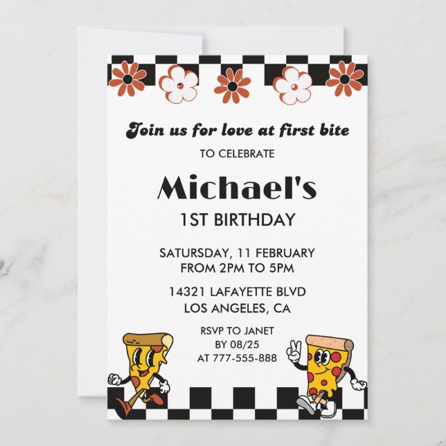 Invitation Pizza 1er anniversaire Invitations| Retro Pizza Pa (Devant)