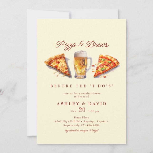 Invitation Pizza & Bière | Fête de Couple à l'Aquarelle  (Devant)