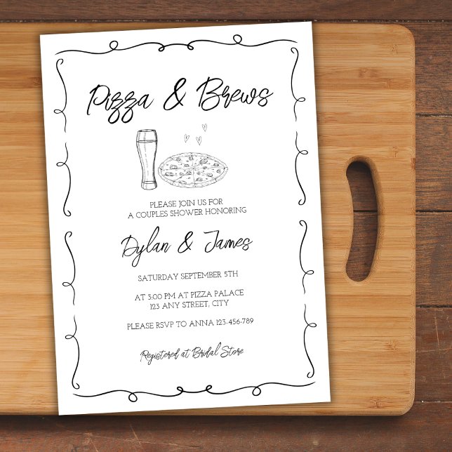Invitation Pizza & Brews Whimsical Main Draples Couples Douch (Pizza & Brews Whimsical Hand Drawn Couples Shower Invitation)