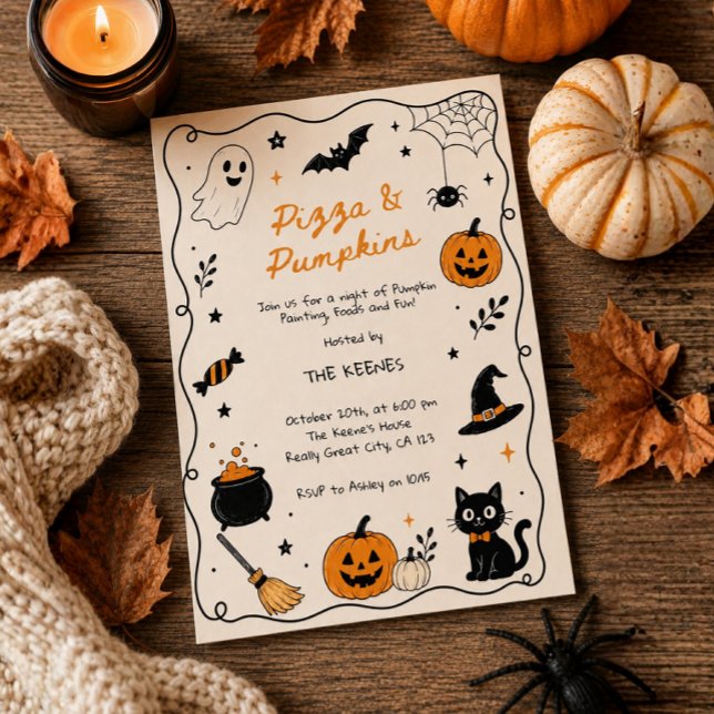 Invitation Pizza & Citrouilles Peinture Halloween Dessinée à  (Pumpkin Painting Party Invitation, Hand Drawn Scribble Halloween Invite, Pizza & Pumpkins Party,)