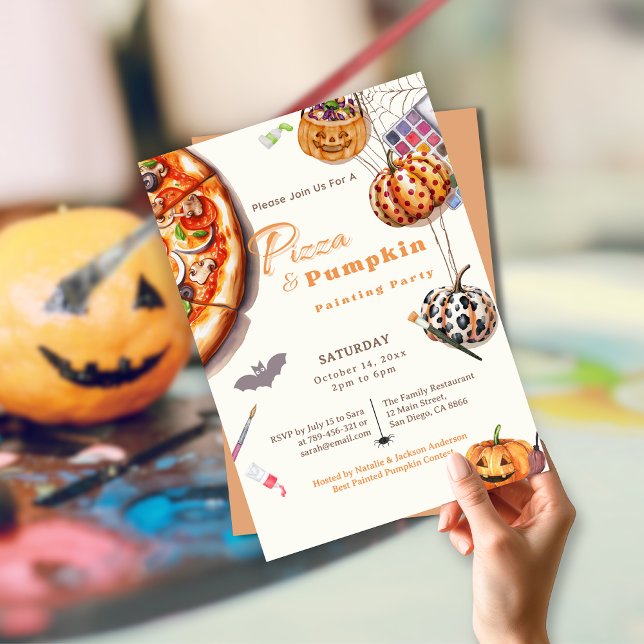 Invitation Pizza d'Halloween moderne et fête de la peinture C (Modern Halloween Pizza & Pumpkin Painting Party Invitation)