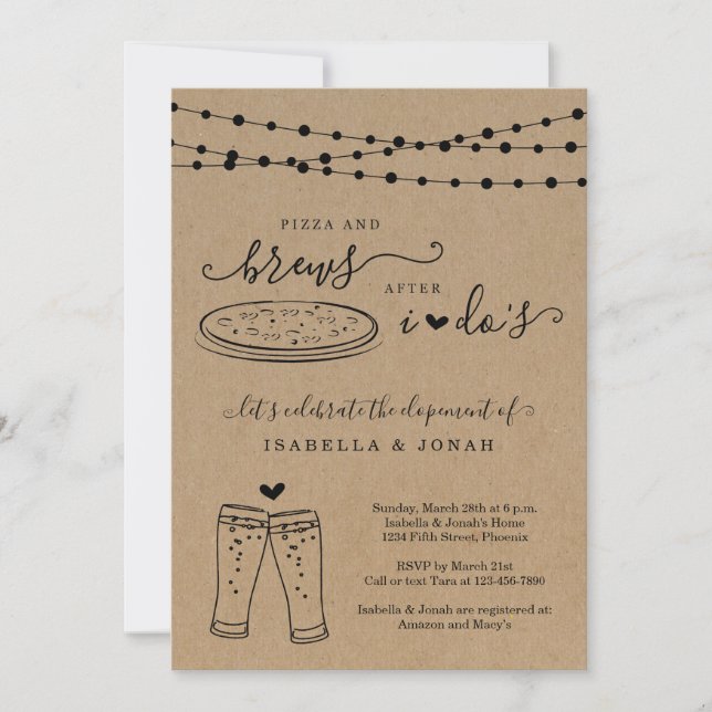 Invitation Pizza et bières après la réception de mariage seul (Devant)
