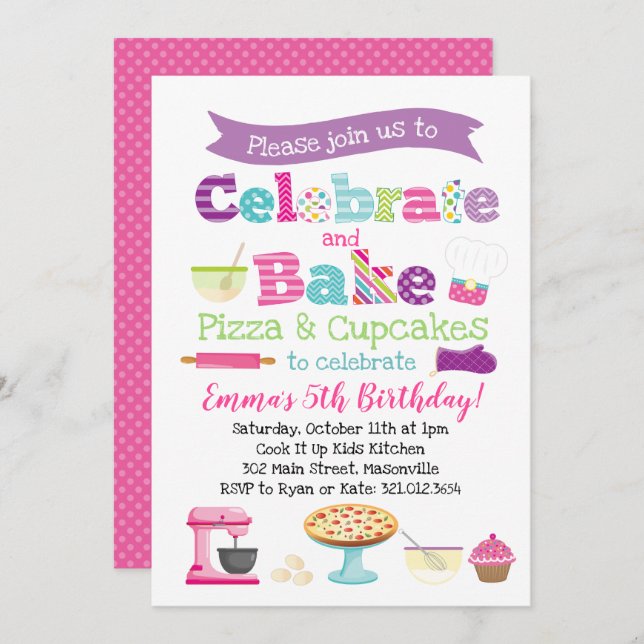Invitation Pizza et Cupcake Baking Party (Devant / Derrière)