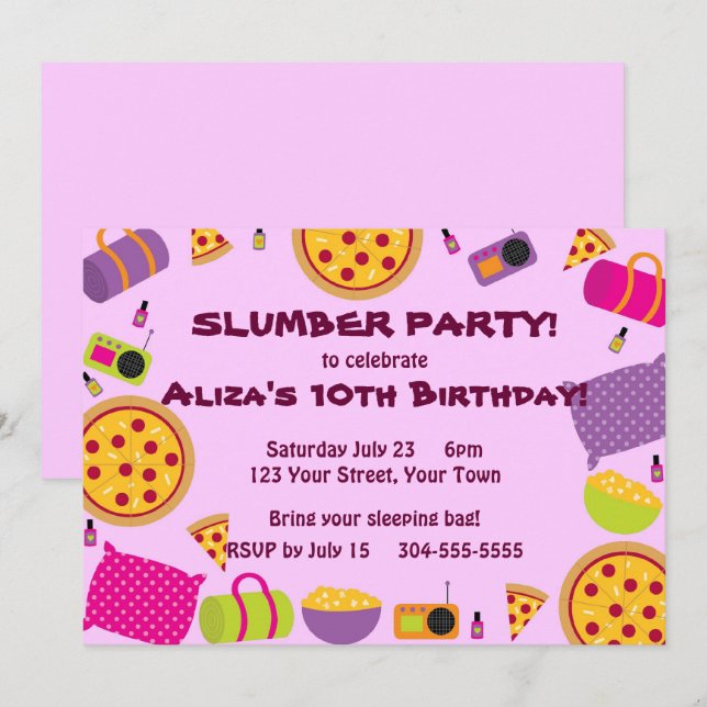 Invitation Pizza et Pajama Party (Devant / Derrière)