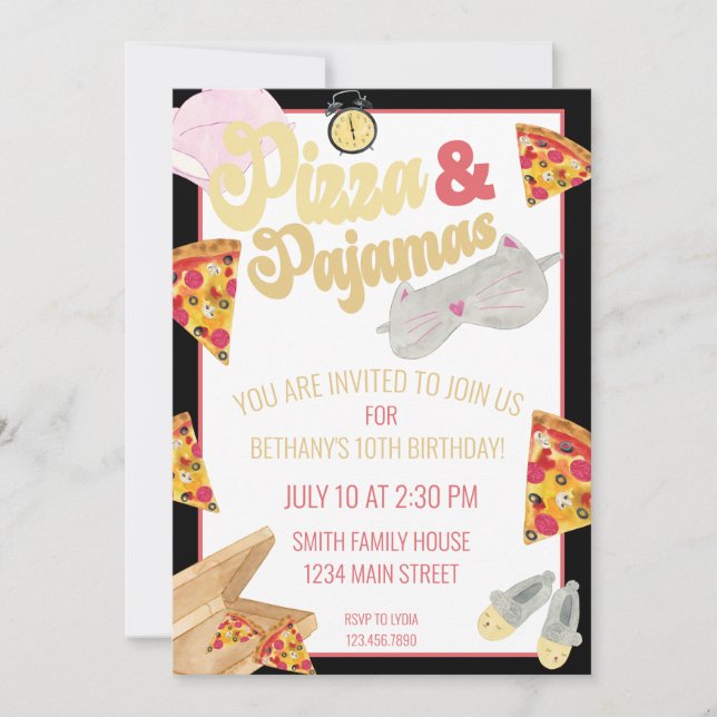 Invitation Pizza et Pyjamas Stwood Party Sleepover Anniversai (Devant)
