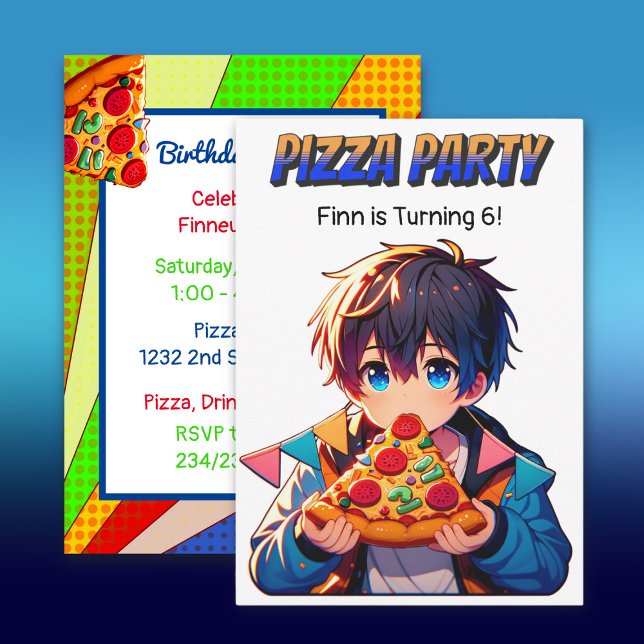 Invitation Pizza fête d'anniversaire | Anime Boy avec Pizza (Créateur téléchargé)