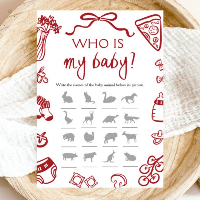 Invitation Pizza Italienne Rouge Tiré À La Main Qui Est Mon J (Red Italian Hand Drawn Pizza Who Is My Baby Game)