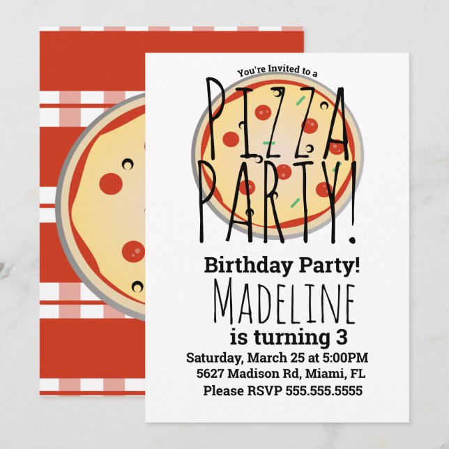 Invitation Pizza Mix Anniversaire Foody Rouge Plaid (Devant / Derrière)
