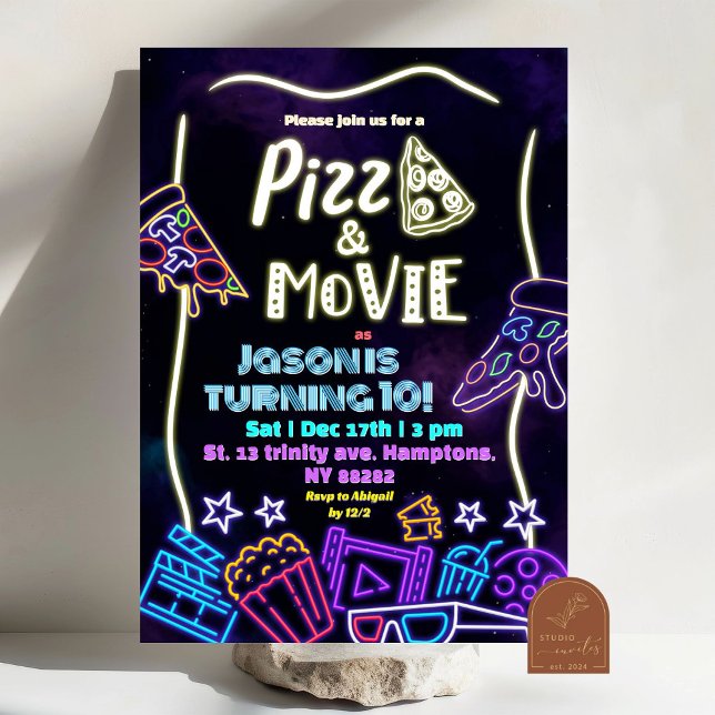Invitation Pizza Néon Et Films Anniversaire Enfants (Créateur téléchargé)