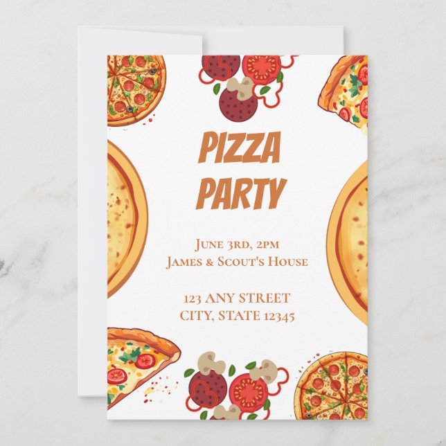 Invitation Pizza Party avec tous les Toppings (Devant)