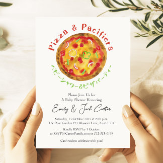 Invitation Pizza Party Baby shower Rustique Aquarelle