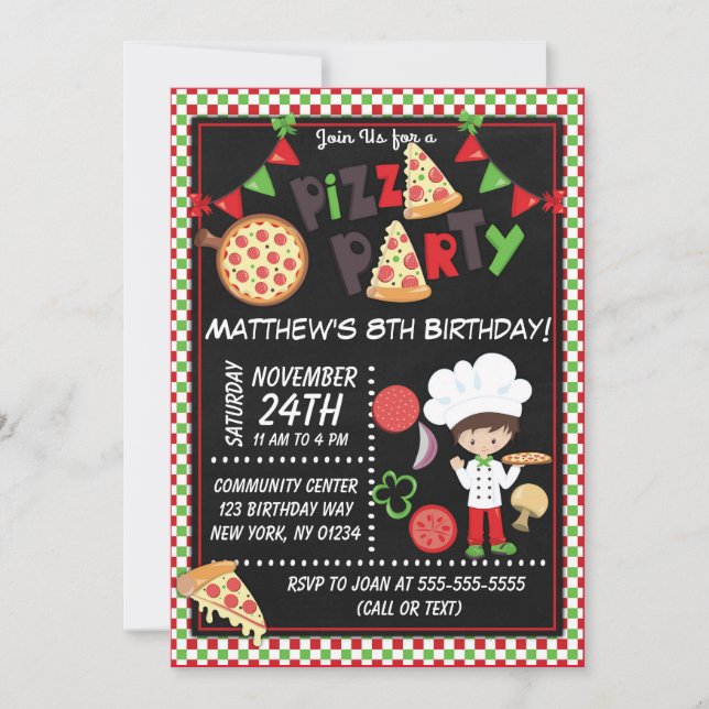 Invitation Pizza Party Brown cheveux Anniversaire de enfant (Devant)