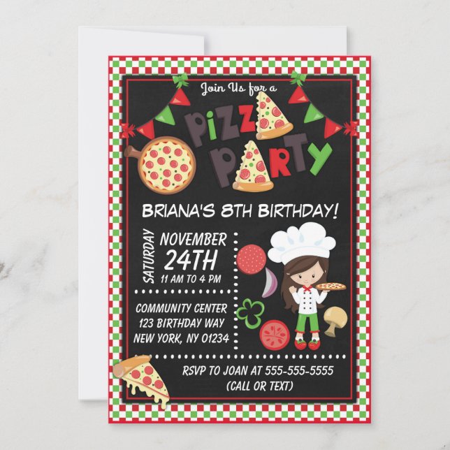 Invitation Pizza Party Brown cheveux fille Anniversaire de en (Devant)