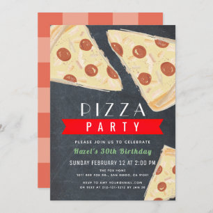 Invitation Pizza Party Chalkboard Rouge En vichy Adulte Anniv