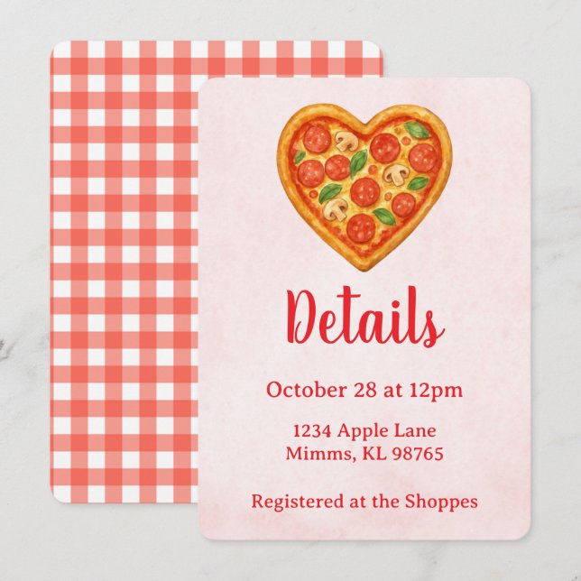 Invitation Pizza Party Details Card | Heart Pizza Red Checker (Devant / Derrière)