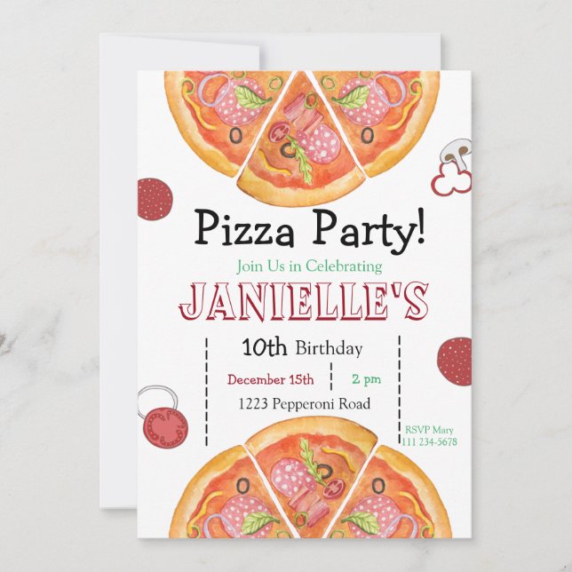 Invitation Pizza Party, Pizza Birthday, tranche de plaisir (Devant)