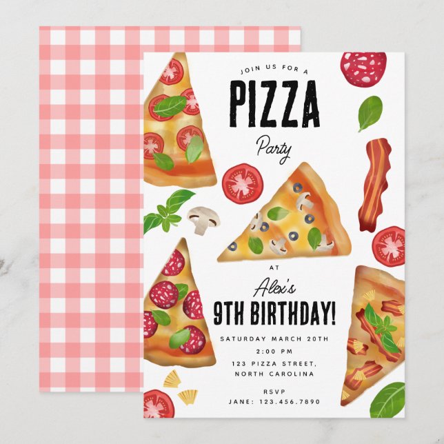 Invitation Pizza Party thème Aquarelle Anniversaire (Devant / Derrière)