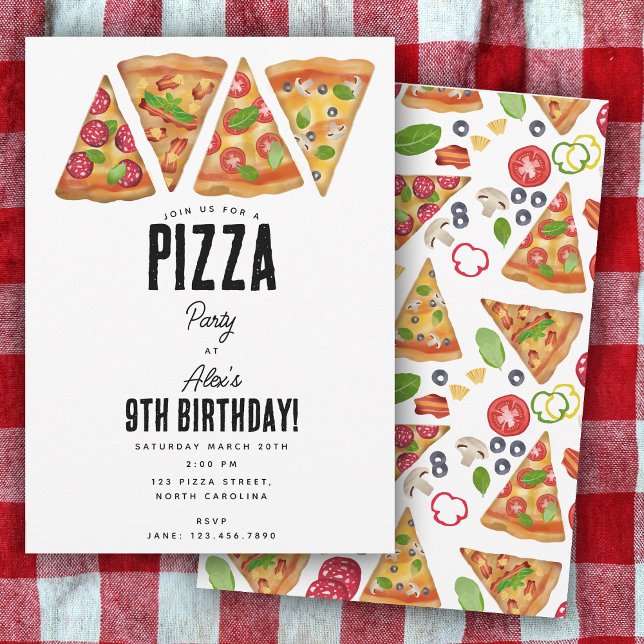 Invitation Pizza Party Thème Aquarelle Anniversaire Enfants (Pizza Party Theme Watercolor Birthday Kids Invitation)