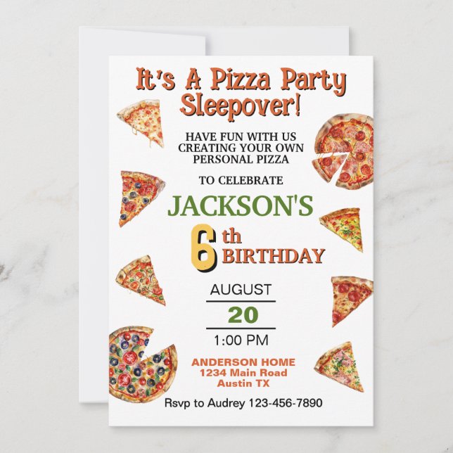 Invitation Pizza Pie Slice Slepover N'importe quel âge Annive (Devant)