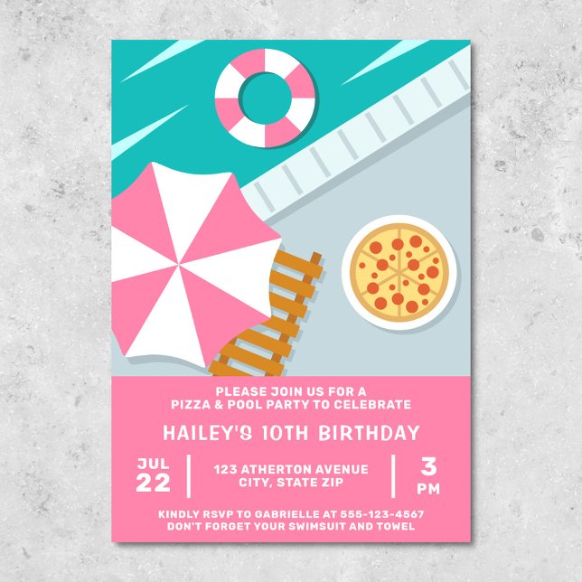 Invitation Pizza Piscine Fête Piscine Rose Moderne (Pink invitation for a pizza & pool party)