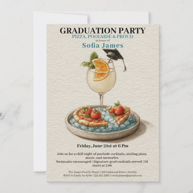Invitation Pizza Pool Cocktail Graduation Celebration  (Devant)