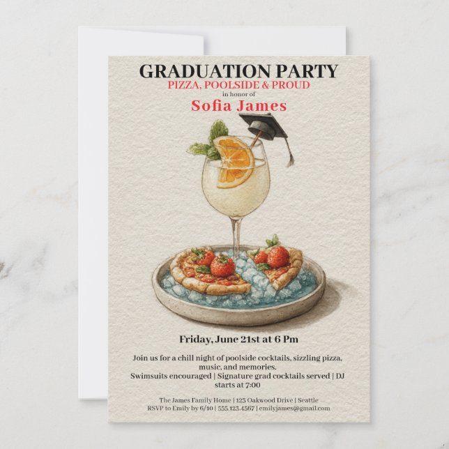 Invitation Pizza Pool Cocktail Graduation Celebration  (Devant)