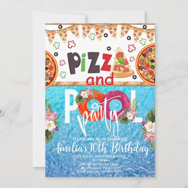 Invitation Pizza Pool Party Anniversaire, Pool Party Annivers (Devant)