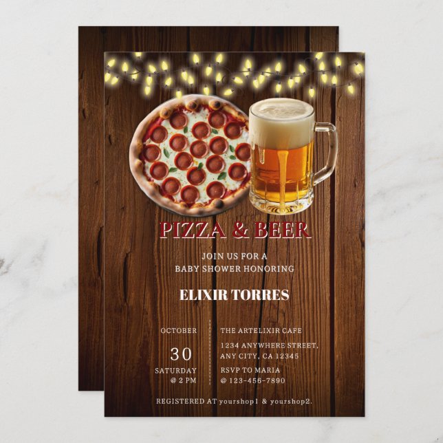Invitation Pizza rustique & Baby shower de bière (Devant / Derrière)