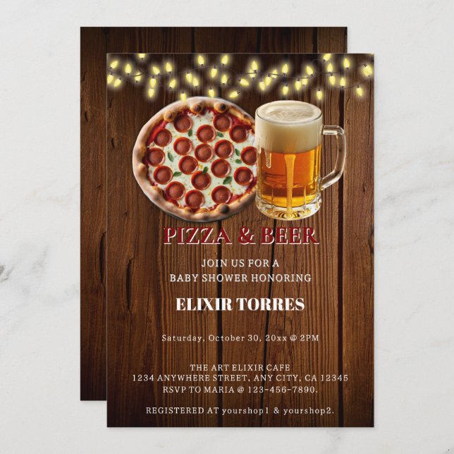 Invitation Pizza rustique & Baby shower de bière (Devant / Derrière)