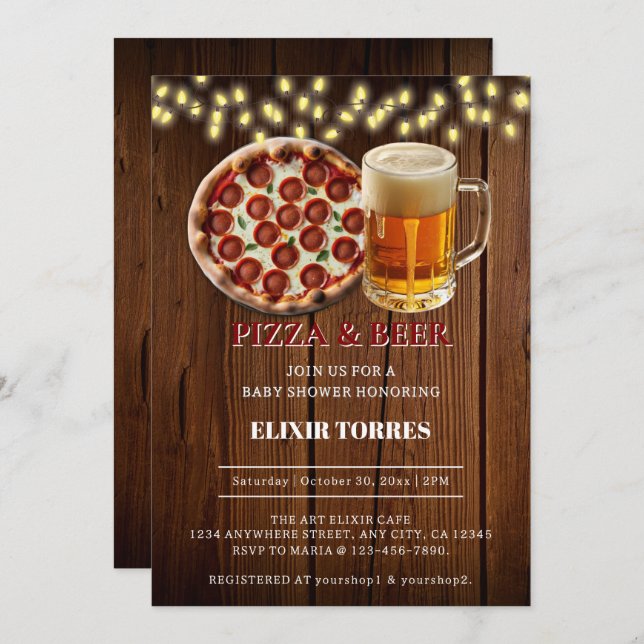 Invitation Pizza rustique & Baby shower de bière (Devant / Derrière)