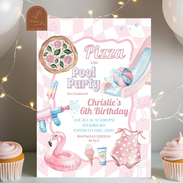 Invitation Pizza Super Piscine et Piscine Pink Pastel Anniver (Créateur téléchargé)