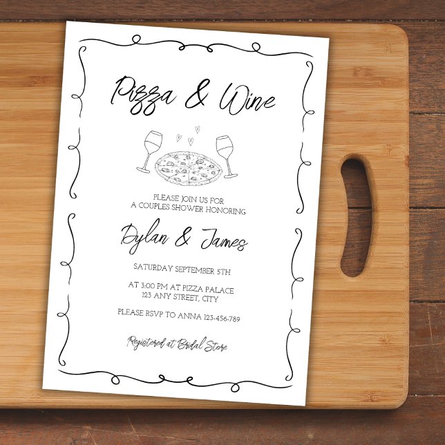 Invitation Pizza & Vin Scribble Main Crew Couples Douche (Pizza & Wine Scribble Hand Drawn Couples Shower Invitation)